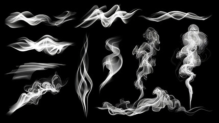 Wispy ethereal smoke plumes and swirls on black background vapor steam