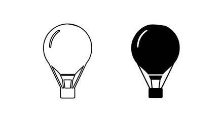 Minimalist VECTOR hot air balloon icons in black and white, perfect for travel, adventure, and exploration themed graphic design projects or web elements, representing freedom and flight.