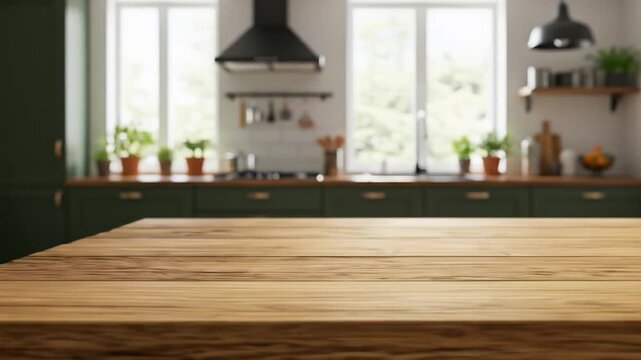 Wooden table surface in bright kitchen interior background design with copy space