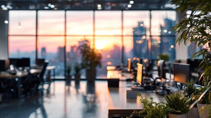 Obraz premium Sunset Office Panorama: Modern Workspace with City View