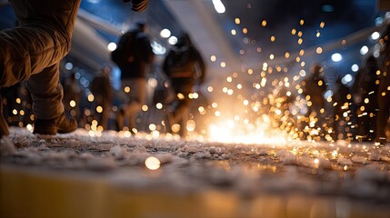 Crowds of people run away from a large fire as unrest fills the streets surrounding them in the dark of night