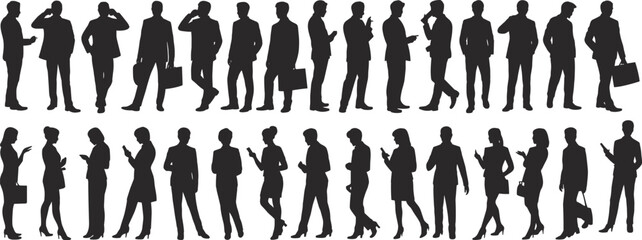 Silhouettes of business people, walking, standing, phone call, holding bags, black vector set, corporate poses, design, fashion, reference