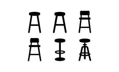 Set of six black silhouette chairs and stools on white background