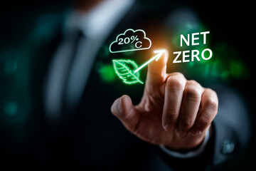 Net Zero 2050 Vision – Professional with Holographic Display for Carbon Neutrality & SustainabilityNet Zero 2050 Vision – Professional with Holographic Display for Carbon Neutrality & Sustainability