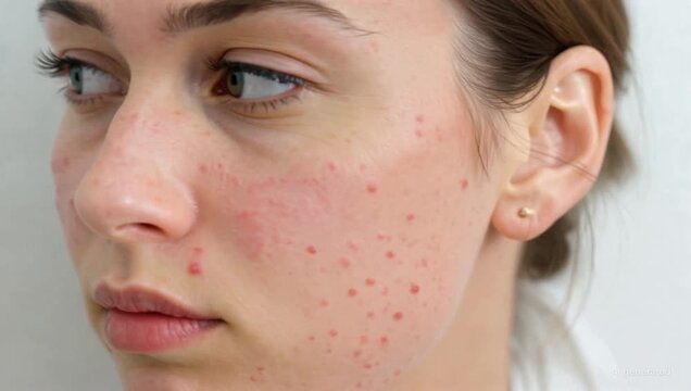 portrait of a woman with acne on a white background