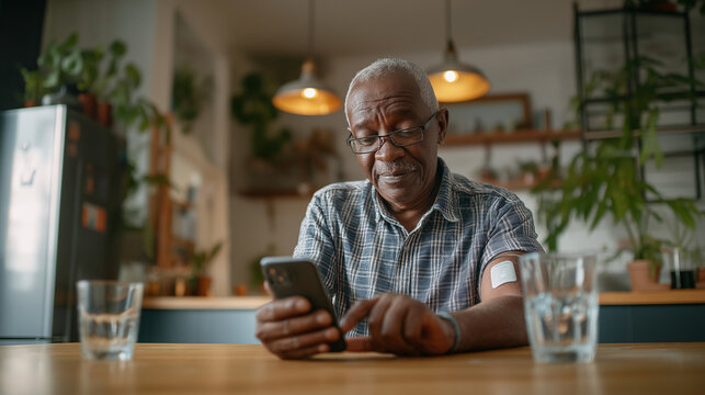 Senior man checks smartphone while wearing arm glucose monitor. Continuous glucose monitor (CGM). - Powered by Adobe