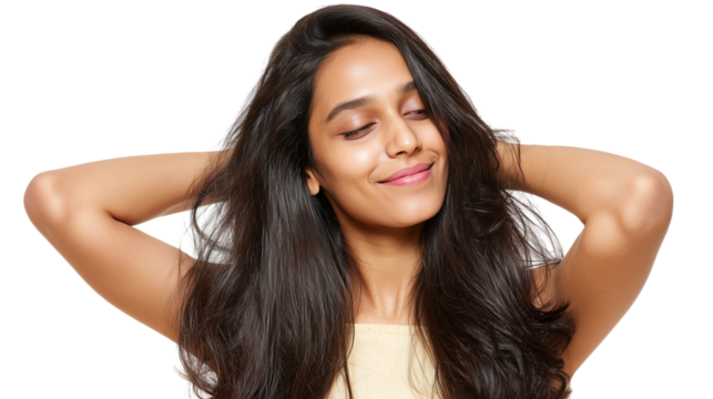 Young Indian woman with long dark hair smiling