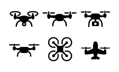 Set of black silhouette drones: quadcopters and uav designs
