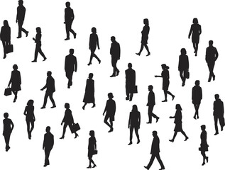 Silhouettes of walking people, diverse poses, carrying bags, black vector set, human movement, crowd behavior, design, fashion, reference, art
