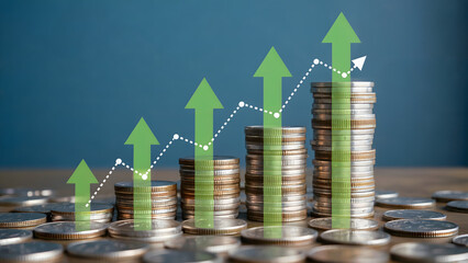 Financial growth concept image with stacks of coins and a rising green arrow graph on a blue background.