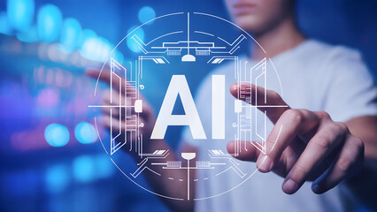 Futuristic digital interface design with a person's hands interacting with a glowing AI text and circuit board elements.