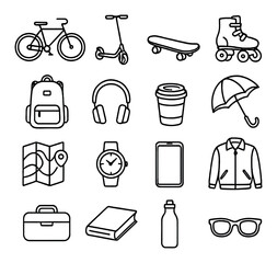 Outline icons of transportation and everyday items