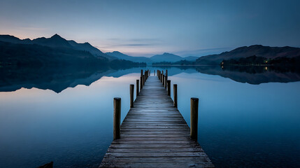 Naklejka premium Serene wooden pier stretching across calm blue water towards misty mountains at twilight calm water