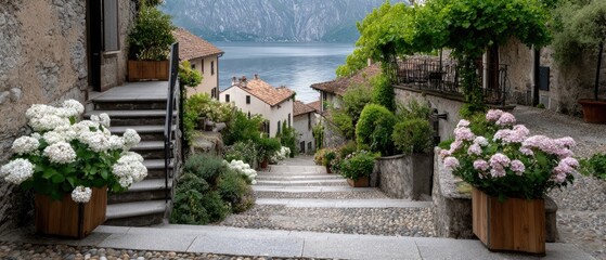 Flower-adorned cobblestone stairs lead to serene waters, colorful buildings, and lush greenery, creating a romantic ambiance