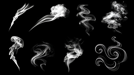 Wispy white smoke plumes swirling and curling against a dark background wisps