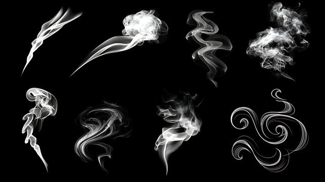 Wispy white smoke plumes swirling and curling against a dark background wisps