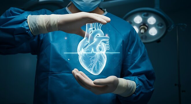 Heart Surgeon Holding Hologram of Human Heart for Medical Innovation and Cardiovascular Health with Surgical Light Fixture in Background