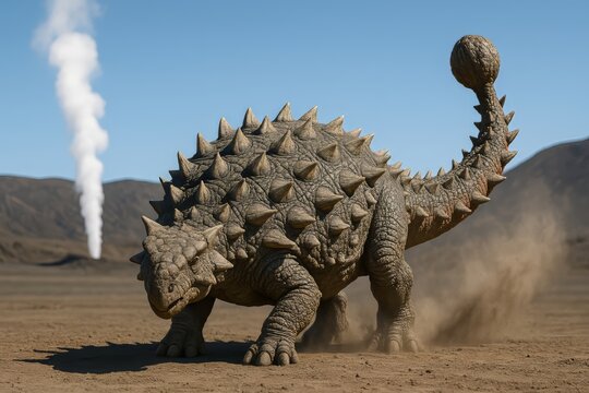 Armored ankylosaurus dinosaur in desert with steam vents – perfect for prehistoric theme promo, children history and animal books