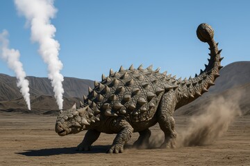 Fototapeta premium Armored ankylosaurus dinosaur in desert with steam vents – perfect for prehistoric theme promo, children history and animal books