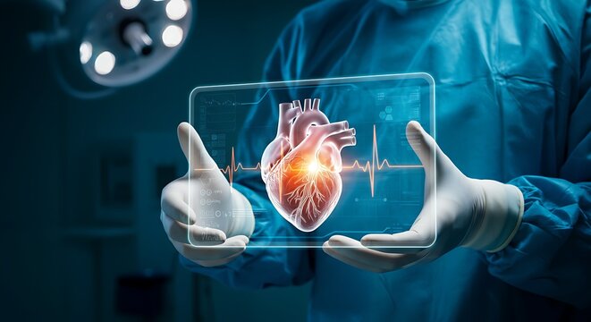 Surgeon holds augmented reality screen displaying human heart and vital signs during operation in modern surgical theater
