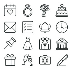 Wedding planning icon set featuring rings, flowers, cake, and more