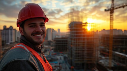 Smiling construction worker at sunset on busy construction site