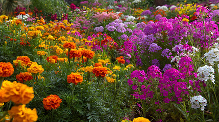 Vibrant marigolds and phlox flowers in a lush garden orange yellow