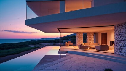 Fototapeta premium Luxury villa with infinity pool overlooking the ocean at sunset with elegant interior