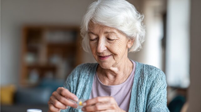 Focused medium shot of an elderly user opening a GLP1 vitamin deficiency pill organizer emphasizing accessibility and routine medication adherence in a softly blurred home setting.
