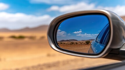 Fototapeta premium Reflective side mirror of a car showcasing a vast desert landscape under a bright blue sky