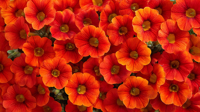Vibrant orange and red petunia blossoms with yellow centers flowers - Powered by Adobe