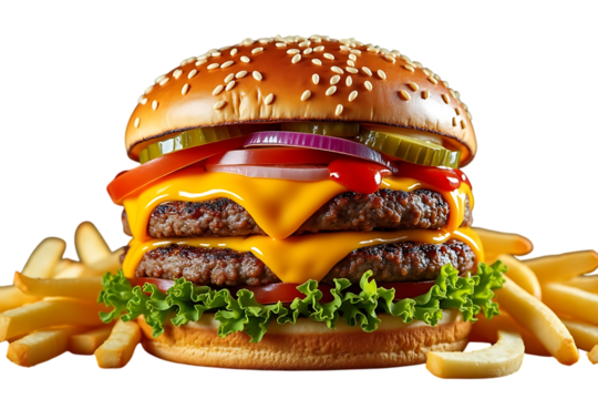 double cheeseburger with french fries isolated on transparent background