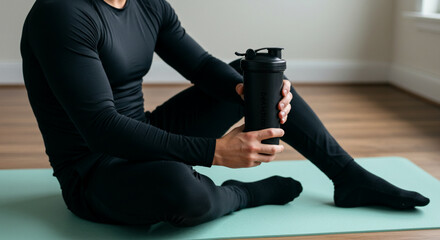 Post workout recovery protein shake fitness routine health and wellness lifestyle active wear yoga mat session