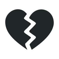 Black broken heart symbol on white background depicting heartbreak and sadness