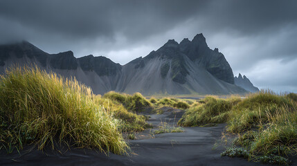 Jagged grey mountains under stormy skies overlook a black sand beach with golden grasses mountain landscape