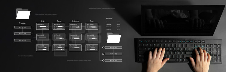 Project management system showing workflow stages, task progress, and review status. Task progress...