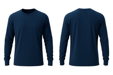 Navy blue long sleeve t-shirt front and back view mockup isolated on transparent background