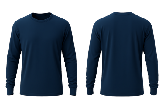 Navy blue long sleeve t-shirt front and back view mockup isolated on transparent background