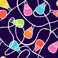Seamless pattern with loops light bulbs garland. Vector pencil or chalk multicolor background with christmas lights