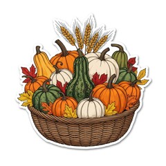 Wicker basket overflowing with pumpkins, gourds, and wheat for autumn harvest