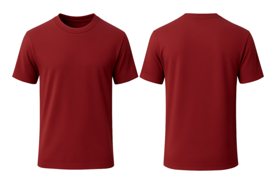 Maroon short sleeve t-shirt front and back view mockup isolated on transparent background - Powered by Adobe