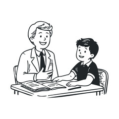 Male teacher tutoring young male student at desk in classroom setting