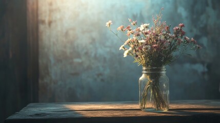 A bouquet of wildflowers in a mason jar on a rustic wooden table, charming and warm
