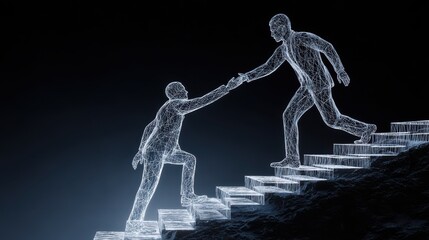 A hand holding a transparent drawing of two business people helping each other