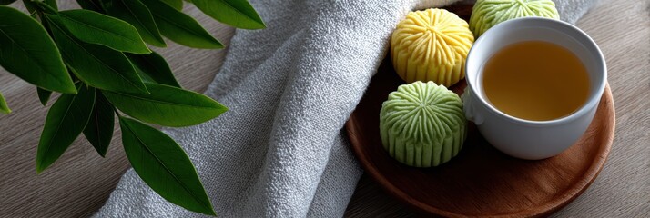 mid-autumn festival display, overhead banner design with symmetrical arrangement of mooncakes, pomelos, and tea on a wooden table, creating soft light and shadows, with a white cloth section in the