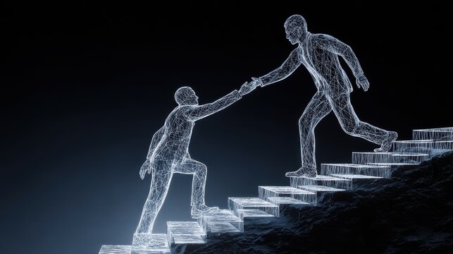 A hand holding a transparent drawing of two business people helping each other