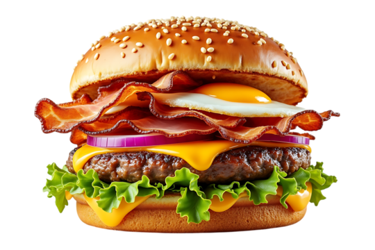  juicy bacon cheeseburger with fried egg and onion, isolated on transparent background