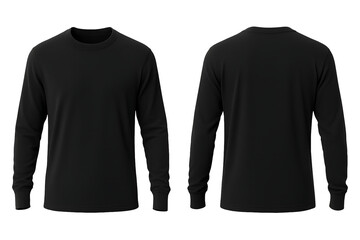 Black long sleeve t-shirt front and back view mockup isolated on transparent background