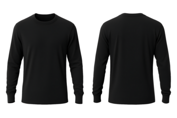 Black long sleeve t-shirt front and back view mockup isolated on transparent background