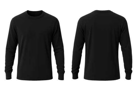 Black long sleeve t-shirt front and back view mockup isolated on transparent background